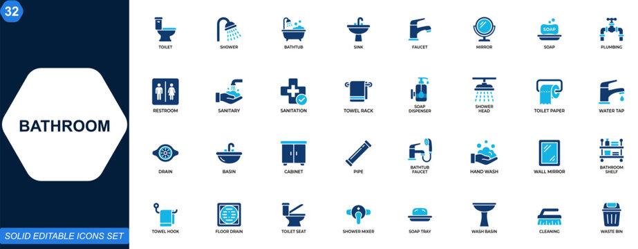 Bathroom icon set. Toilet, washroom, shower, bathtub, sink, faucet, mirror, soap dispenser, plumbing fixtures, hygiene essentials. Editable icons collection. Vector.