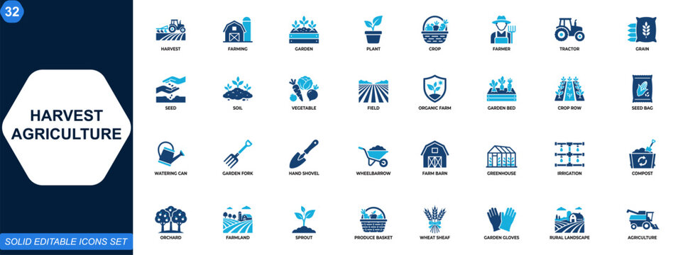 Harvest agriculture icon set. Farming, gardening, crops, farmer, tractor, grain, seed, soil, vegetable, rural landscape. Editable icons collection. Vector.