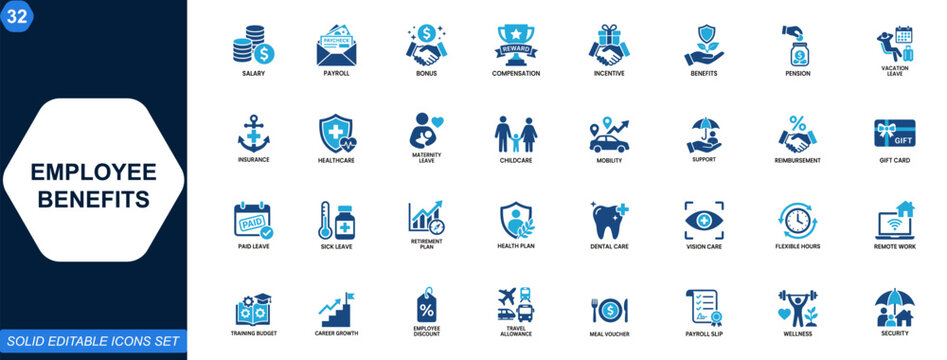 Employee benefits and workplace perks icon set. Bonus, compensation, payroll, wellness, insurance, pension, reward, vacation, maternity, incentive. Editable icons collection. Vector.