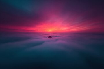Obraz premium An airplane travels through the sky above clouds while the sun rises, creating light in the sky with colors