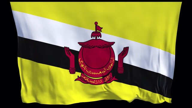 Brunei flag waving in the wind. Bruneian identity monarchy heritage national pride. News visuals political international relations documentaries educational travel web banners Southeast Asia.