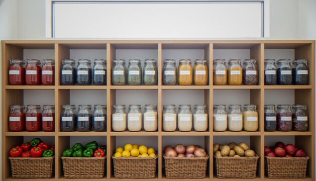 A well-organized wooden pantry shelving unit featuring rows of glass jars filled with various dry pantry staples, grains, and fresh produce in woven wicker baskets on the bottom shelf.