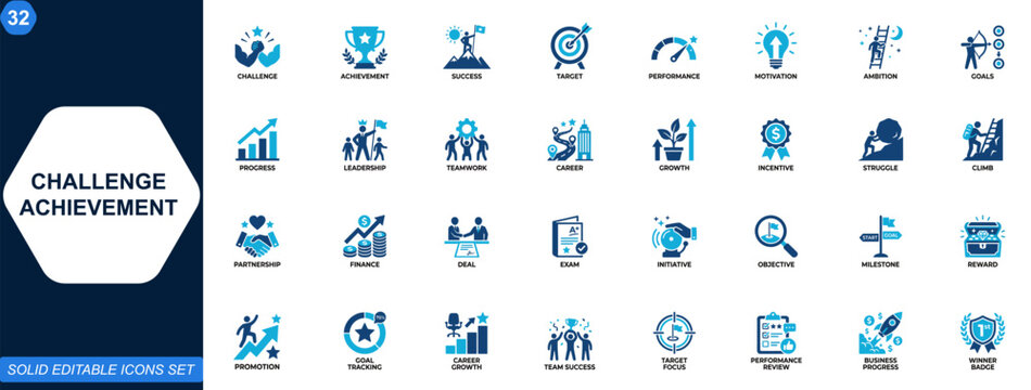 Challenge and achievement icon set. Success, target, performance, motivation, ambition, goals, leadership, teamwork, career growth, progress. Editable icons collection. Vector.