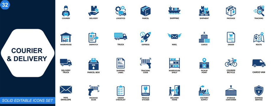 Courier and delivery icon set. Logistics, parcel shipping, shipment tracking, transport service, express mail, package handling, warehouse workflow. Editable icons collection. Vector.