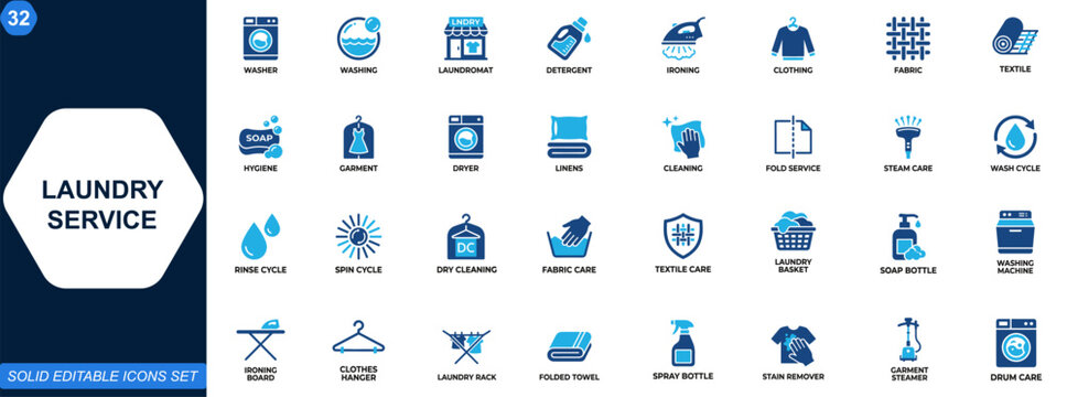 Laundry service icon set. Washing, dry cleaning, laundromat, detergent, ironing, fabric care, washer, clothing, textile hygiene, household essentials. Editable icons collection. Vector.