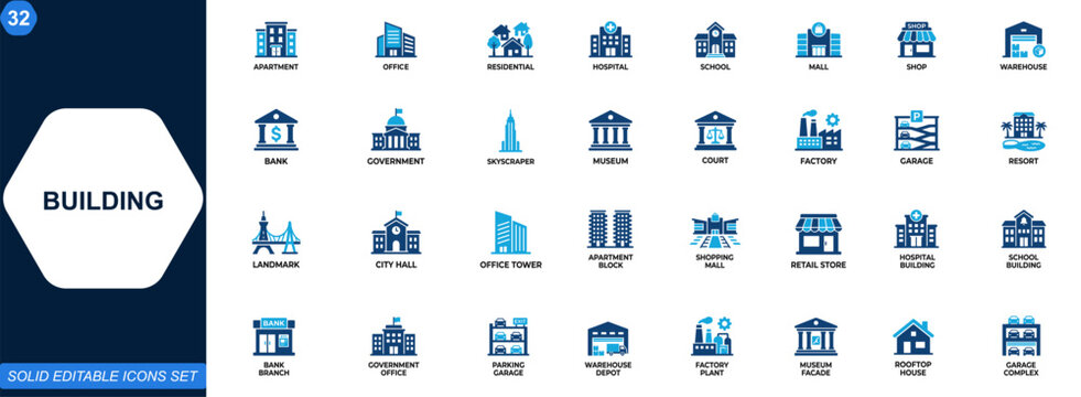 Building icon set. Apartment, office, residential, hospital, school, mall, shop, bank, warehouse, government, real estate, urban architecture. Editable icons collection. Vector.