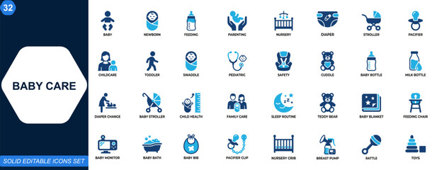 Baby care icon set. Infant, newborn, feeding, parenting, nursery, bottle, diaper, stroller, pacifier, child health, family care, baby essentials. Editable icons collection. Vector.