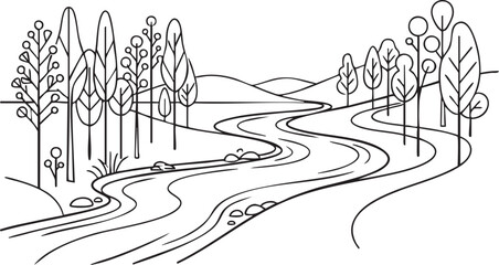 Obraz premium A minimalist line drawing depicts a winding river flowing through a forest landscape