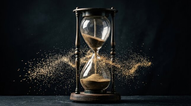 Hourglass with sand falling and scattering outward, time passing concept, dramatic motion, clean dark background, crisp highlights, realistic detail, no logos