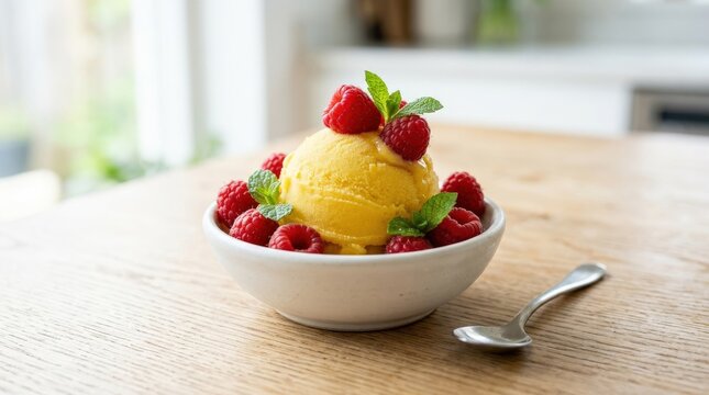 Scoop of yellow sorbet garnished with raspberries and mint leaves, refreshing dessert close-up, bright fruity presentation, clean minimal styling, no logos