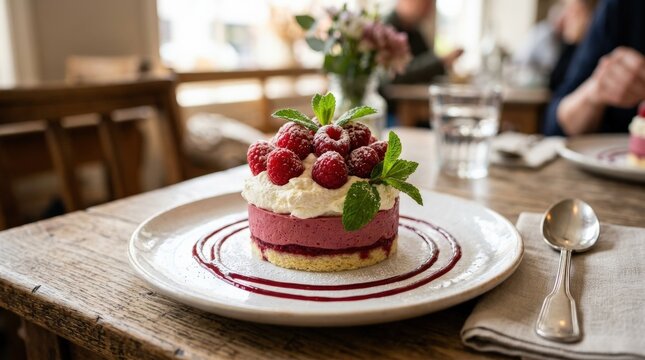 Beautifully presented raspberry dessert with whipped cream and mint leaves, elegant sweet treat with fresh berries and refined plating, soft light, realistic detail, no logos