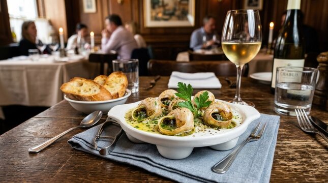 Escargots de Bourgogne on serving dish, classic French cuisine concept with elegant restaurant presentation and rich culinary detail, realistic detail, no logos