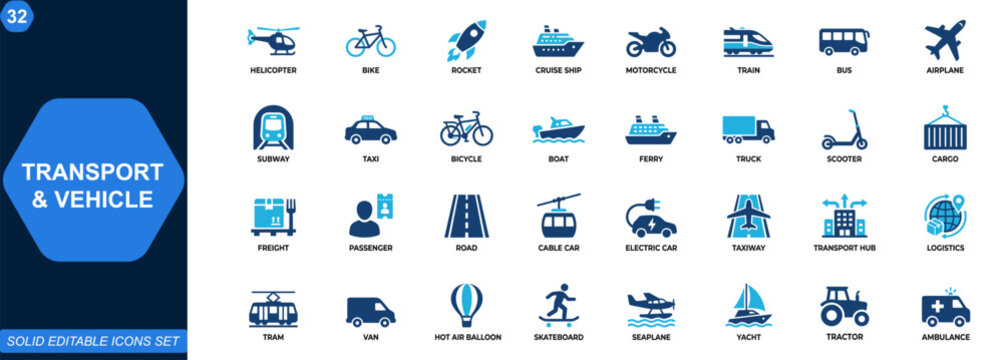 Transport and vehicle icon set. Mobility, transportation, transit, travel, aviation, logistics, delivery, passenger, traffic, automotive. Editable icons collection. Vector.