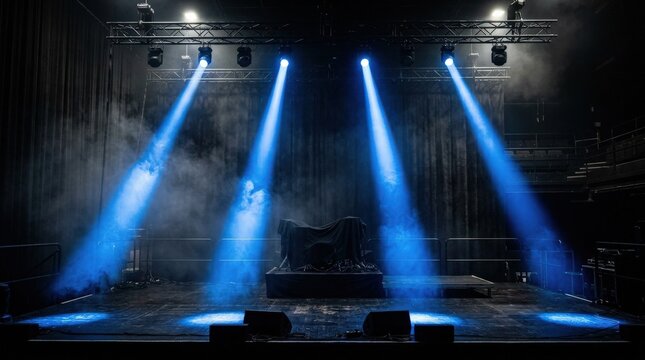 Four brilliant blue spotlights illuminating smoky dark stage, empty performance backdrop for concert or event concept, dramatic atmosphere, high contrast, no logos