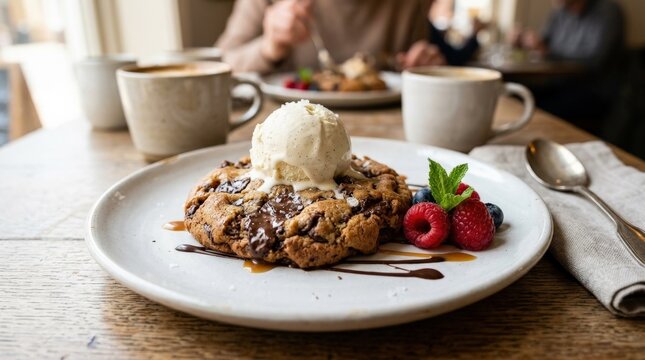 Cookie dessert on white plate, sweet baked treat with simple elegant presentation and appetizing texture for cafe or bakery concepts, realistic detail, no logos