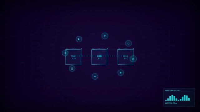 A futuristic digital interface featuring geometric shapes and icons in a dark, high-tech design