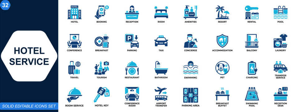 Hotel service icon set for hospitality and accommodation businesses. Booking, reception, room, amenities, travel, resort, rental, concierge, conference facilities. Editable icons collection. Vector.