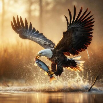 Ein Adler f&auml;ngt im Flug einen Fisch aus dem See