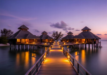 Obraz premium Overwater bungalows at luxury resort in maldives during beautiful sunset, romantic tropical getaway, tranquil evening scene.
