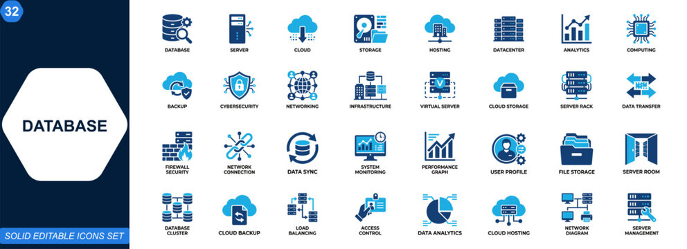 Database and cloud infrastructure icon set. Server, storage, data center, hosting, analytics, computing, backup, cybersecurity, network management. Editable icons collection. Vector.