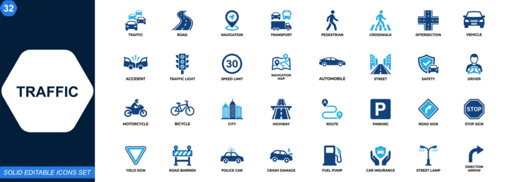 Traffic icon set for navigation and urban transport systems. Road, pedestrian, crosswalk, intersection, traffic light, speed limit, accident, navigation map, vehicle safety. Editable icons collection.