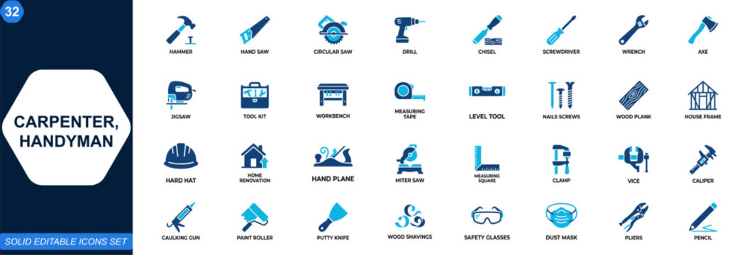 Carpenter and handyman tools icon set. Construction, workshop, repair, house building, woodworking, contractor equipment, power tools, home renovation. Editable icons collection. Vector.