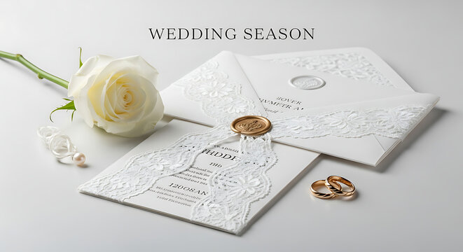 Elegant white wedding invitation suite with laser-cut details and gold rings, accompanied by a single white rose, symbolizing love and commitment