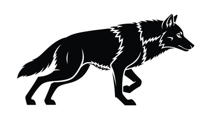 Fototapeta premium Wolf illustration displays a sleek canine predator in a walking motion rendered in a clean black and white silhouette graphic style.