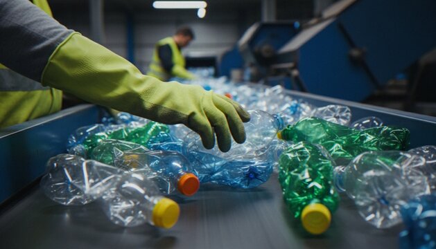A worker in a recycling plant uses gloved hands to sort plastic bottles moving along a conveyor belt for processing and recycling.