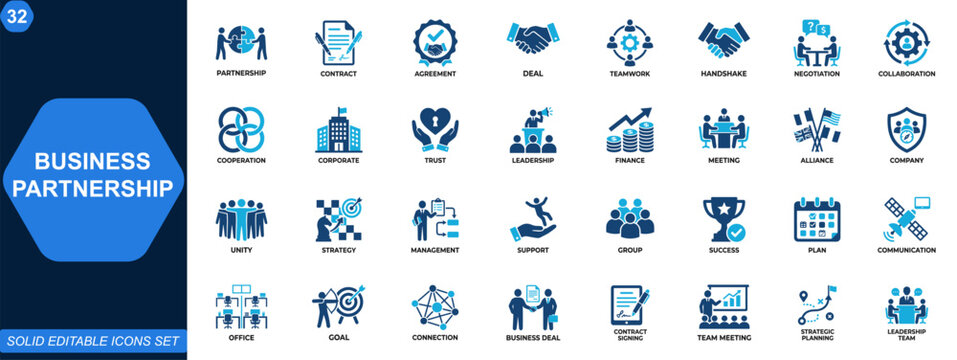 Business partnership and contract icon set. Deal, agreement, teamwork, handshake, negotiation, corporate collaboration, finance, trust, leadership, strategy. Editable icons collection. Vector.