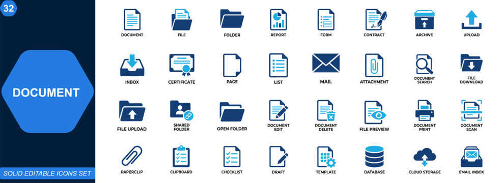 Document and file management icon set. Document, file, folder, report, form, contract, archive, upload, inbox, certificate. Editable icons collection. Vector.