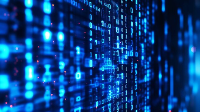 A futuristic digital background with blue binary code streaming down a computer screen