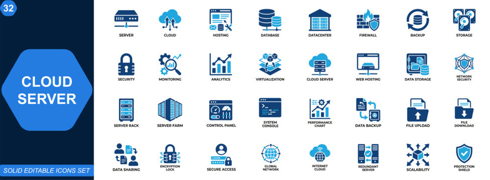 Server and cloud infrastructure icon set. Cloud hosting, data storage, database, datacenter, network security, firewall, backup, analytics, monitoring. Editable icons collection. Vector.