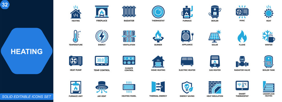 Heating icon set. Fireplace, radiator, thermostat, furnace, boiler, HVAC, heat pump, energy efficiency, temperature control, home heating systems. Editable icons collection. Vector.