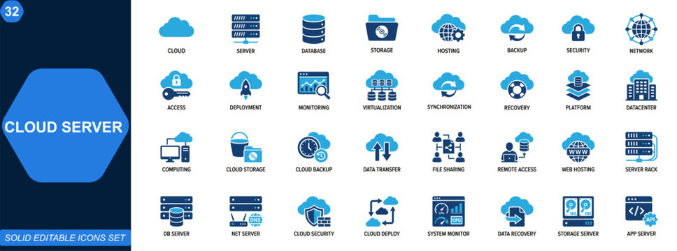 Cloud server and infrastructure icon set. cloud computing, server, database, storage, network, hosting, data transfer, backup, cybersecurity, web services. Editable icons collection. Vector.