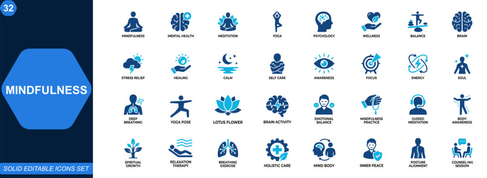 Mindfulness and Mental Health icon set. Meditation, yoga, psychology, brain, balance, therapy, relaxation, wellbeing, emotional, spirituality, self care. Editable icons collection. Vector.