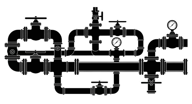 Detailed black and white illustration of an industrial pipe and valve system