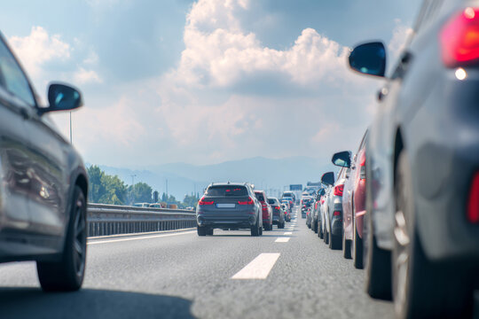 Vehicles are stuck in a long traffic jam on the highway during a sunny afternoon. An accident has occurred ahead, causing delays for drivers.