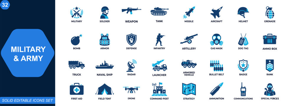 Military and army icon set. Soldier, weapon, combat gear, tank, aircraft, missile, defense equipment, tactical operations, battlefield support, security. Editable icons collection. Vector.