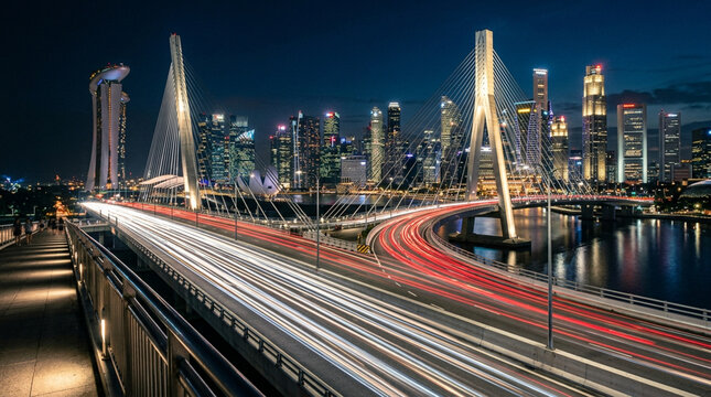 Night view of a modern bridge with car light trails in a vibrant city.