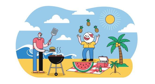 Vibrant Flat Vector Illustration for Corporate Summer Culture and Employee Wellness Beach Retreat