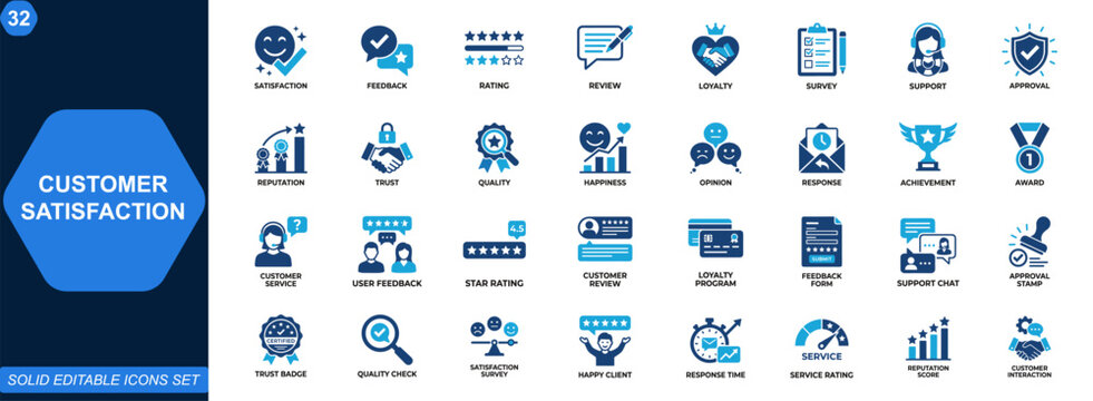 Customer satisfaction icon set. Feedback, rating, review, customer service, support, survey, loyalty, approval, reputation, user experience, client trust. Editable icons collection. Vector.