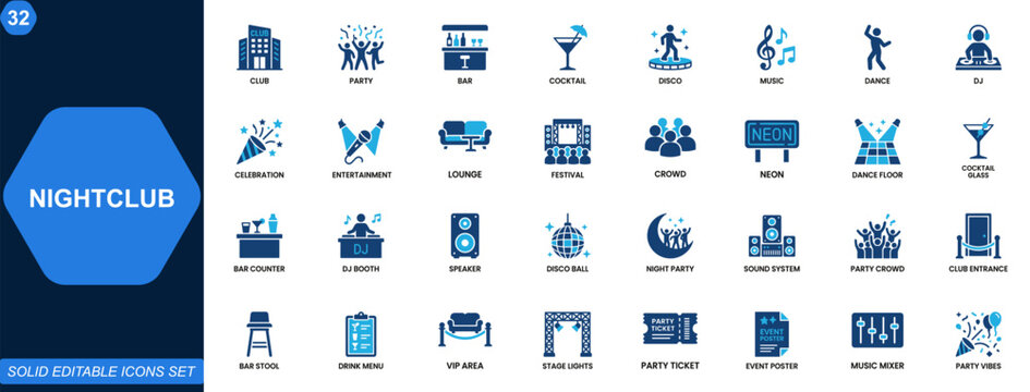 Nightclub and party icon set. Nightlife, bar, cocktail, disco, music, dance floor, DJ, drinks, clubbing, celebration, night events, entertainment. Editable icons collection. Vector.