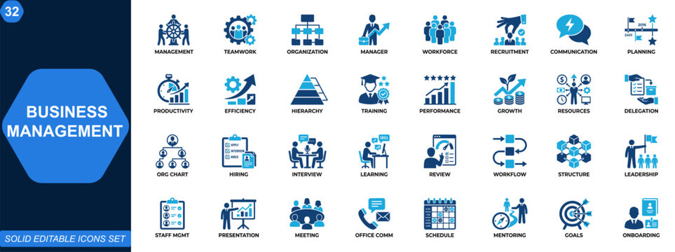 Business management icon set. Leadership, teamwork, collaboration, organization, human resources, project planning, communication, corporate, recruitment. Editable icons collection. Vector.