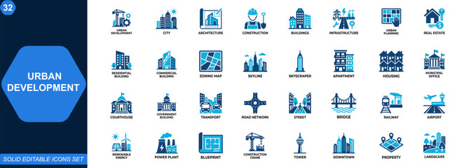 Naklejka premium Urban development icon set for city architecture and construction projects. Buildings, infrastructure, residential, commercial real estate, urban planning, skyline, zoning. Editable icons collection.