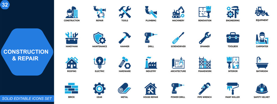 Construction and repair icon set. Tools, machinery, plumbing, painting, house renovation, engineering equipment, handyman service, industrial hardware. Editable icons collection. Vector.