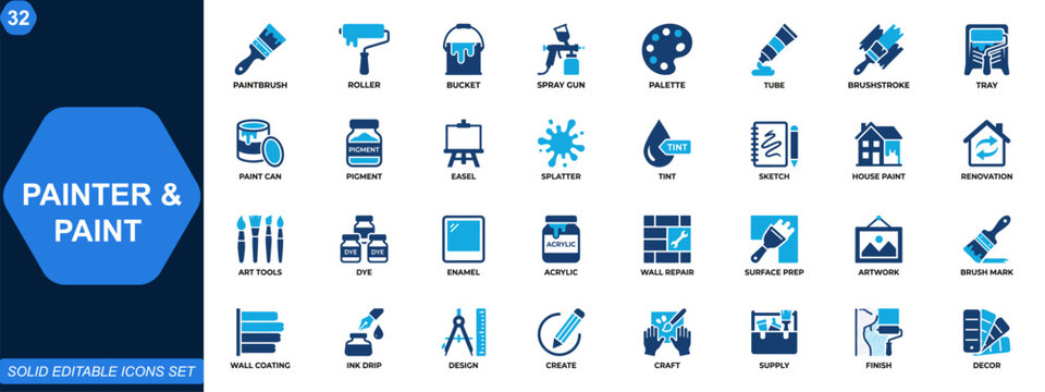 Painter and paint icon set. Painting, brush, roller, spray gun, palette, pigment, enamel, house renovation, wall repair, art tools. Editable icons collection. Vector.