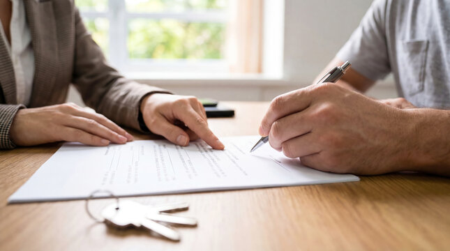 A determined tenant hands signing rental agreement at desk with realtor, with keys placed prominently on the table between them