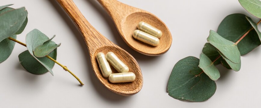 Two wooden spoons contain vitamin capsules with a green eucalyptus twig nearby. This setup highlights organic supplements for immunity support and healthy living.