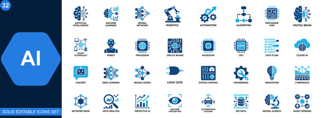 Naklejka premium Artificial Intelligence AI icon set. Machine learning, neural network, robotics, automation, algorithm, processor chip, smart technology, digital brain. Editable icons collection. Vector.